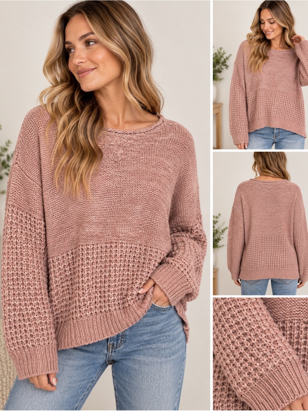 American Eagle Outfitters Large Dusty Pink Textured Knit Oversized Sweater